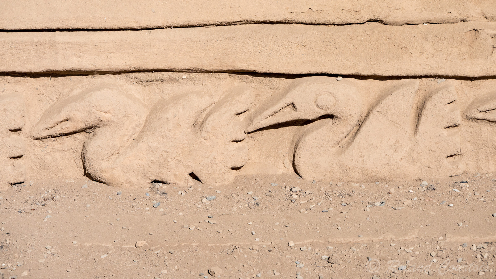 Site archéologique de Chan Chan. Mur en pisé ornés de bas reliefs représentant de petits animaux comme des poissons et autres.