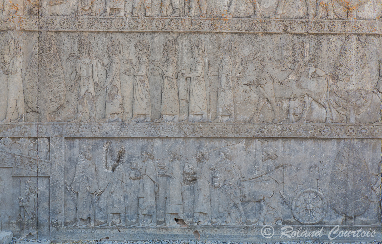 Persepolis : Deux escaliers monumentaux permettent d’accéder à l’Apadana. L’escalier oriental, très bien conservé, illustre l’une des cérémonies qui se déroulaient lors des fêtes de Nouvel An : grande procession des diverses nations vassales devant le souverain et la présentation de leurs tributs.